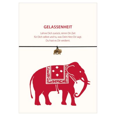 Armband Gelassenheit vom Schloss Elmau in der Farbe schwarz mit einem Elefant in rot und Anhänger in gold