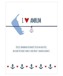 Armband I love Amrum in den Farben mitternachtsblau und rot mit einem Anker in silber als Anhänger