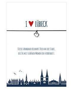 Armband I love Lübeck in den Farben schwarz und rot mit einem Herz in silber als Anhänger