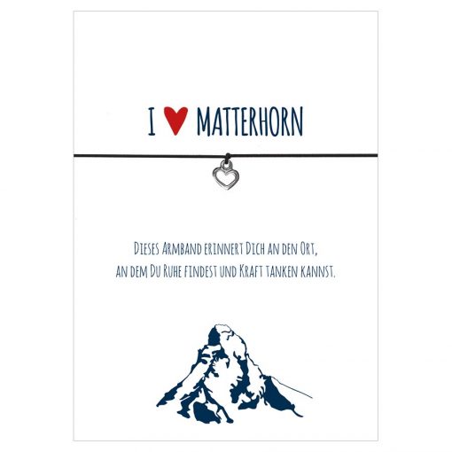 Armband I love Matterhorn in den Farben schwarz und rot mit einem Herz in silber als Anhänger