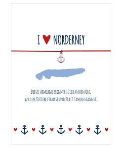 Armband I love Norderney in den Farben mitternachtsblau und rot mit einem Anker in silber als Anhänger