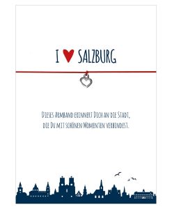 Armband I love Salzburg in den Farben schwarz und rot mit einem Herz in silber als Anhänger