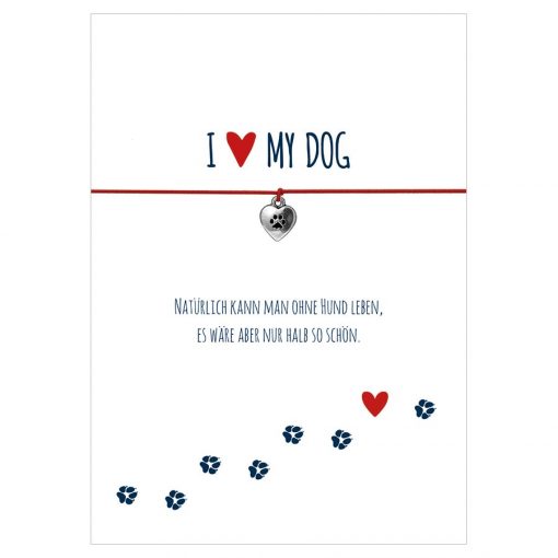 Armband I love my dog in den Farben schwarz und rot mit einem Herz mit Tatze als Anhänger in silber