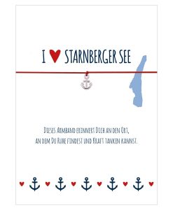 Armband I love Starnberger See in den Farben mitternachtsblau und rot mit einem Anker in silber als Anhänger