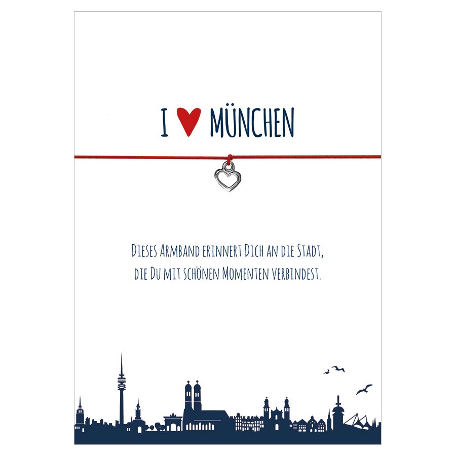 Armband I love München in den Farben schwarz und rot mit einem Herz in silber als Anhänger