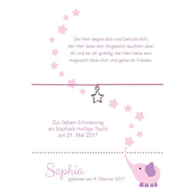 Armband zur Taufe von Sophia in der Farbe rosa mit einem Stern als Anhänger in silber