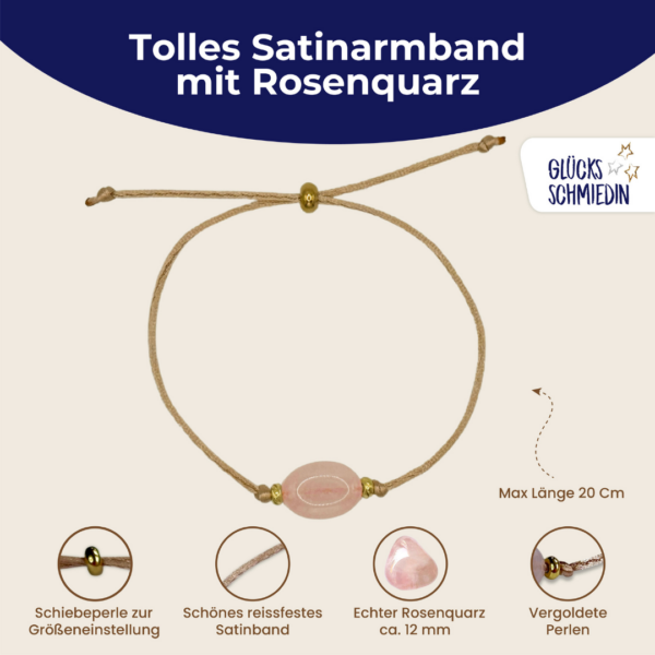 Rosenquarz Satin Armband in beige, mit 2 vergoldeten Perlen und goldener Schiebeperle. 6 verschiedenen Glückwunschkarten für jeden Anlass in edler Geschenkbox. Handmade in Deutschland.
