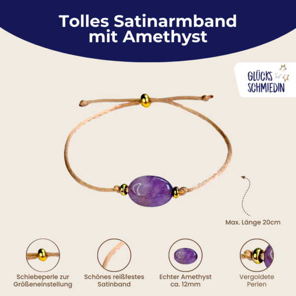 Amethyst Satin Armband in beige, 2 vergoldete Perlen und goldener Schiebeperle mit 6 verschiedenen Glückwunschkarten für jeden Anlass in edler Geschenkbox.