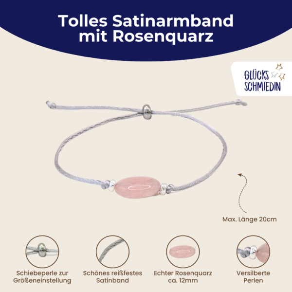 Rosenquarz Satin Armband in grau, mit 2 versilberten Perlen und silberner Schiebeperle. 6 verschiedenen Glückwunschkarten für jeden Anlass in edlem Geschenksäckchen. Handmade in Deutschland.