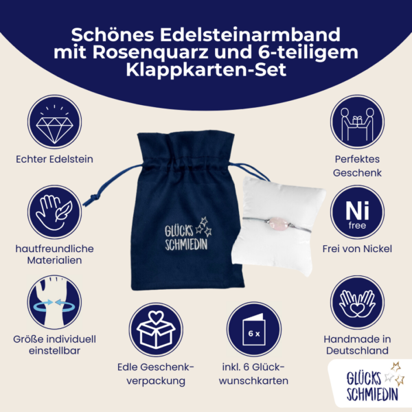 Rosenquarz Satin Armband in grau, mit 2 versilberten Perlen und silberner Schiebeperle. 6 verschiedenen Glückwunschkarten für jeden Anlass in edlem Geschenksäckchen. Handmade in Deutschland.