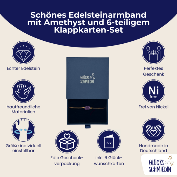 Amethyst Satin Armband in beige, 2 vergoldete Perlen und goldener Schiebeperle mit 6 verschiedenen Glückwunschkarten für jeden Anlass in edler Geschenkbox.