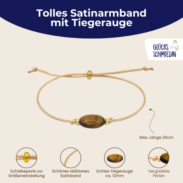 Tigerauge Satin Armband in beige, mit 2 vergoldeten Perlen und goldener Schiebeperle. 6 verschiedenen Glückwunschkarten für jeden Anlass in edler Geschenkbox. Handmade in Deutschland.