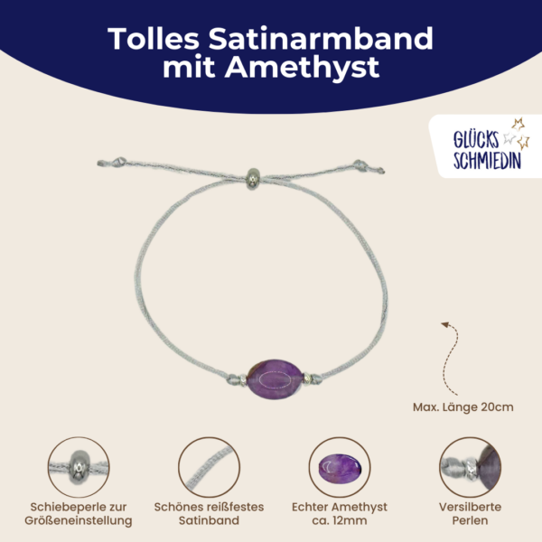 Amethyst Satin Armband in grau, 2 versilberte Perlen und silberner Schiebeperle mit 6 verschiedenen Glückwunschkarten für jeden Anlass in edlem Geschenksäckchen. Handmade in Deutschland.