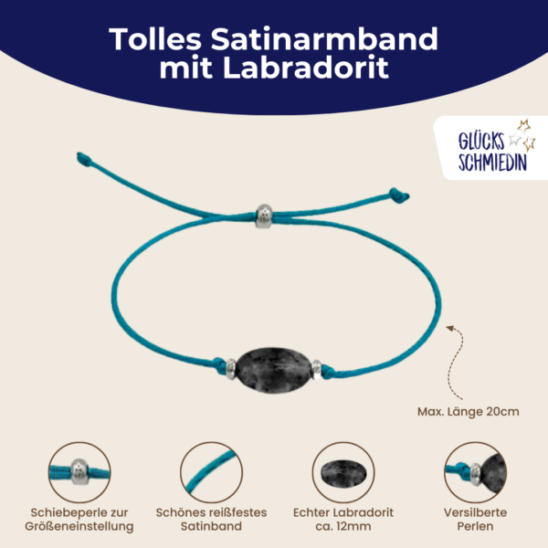 Labradorit Satin Armband in türkis, 2 versilberten Perlen und silberner Schiebeperle mit 6 verschiedenen Glückwunschkarten für jeden Anlass in edler Geschenkbox. Handmade in Deutschland.