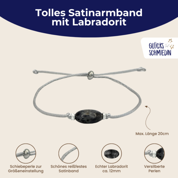 Labradorit Satin Armband in grau, 2 versilberten Perlen und silberner Schiebeperle mit 6 verschiedenen Glückwunschkarten für jeden Anlass in edler Geschenkbox. Handmade in Deutschland.