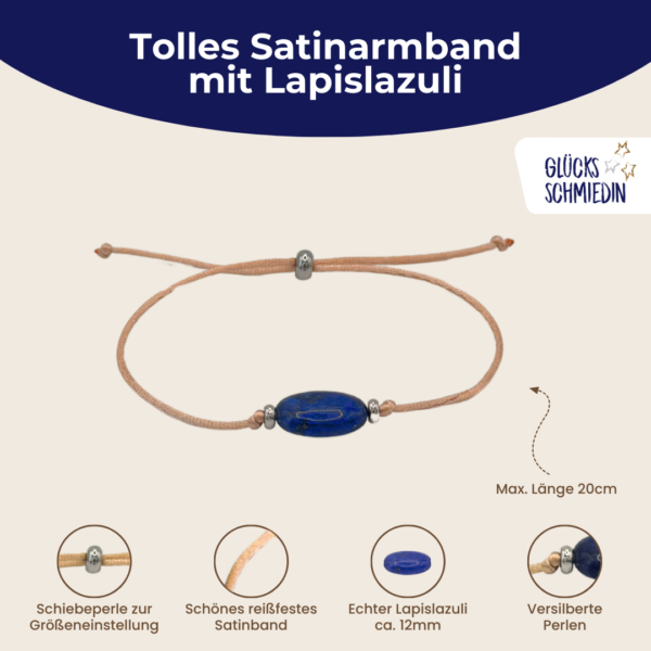 Lapislazuli Satin Armband in beige, mit 2 versilberten Perlen und silberner Schiebeperle. 6 verschiedenen Glückwunschkarten für jeden Anlass in edlem Geschenksäckchen. Handmade in Deutschland.