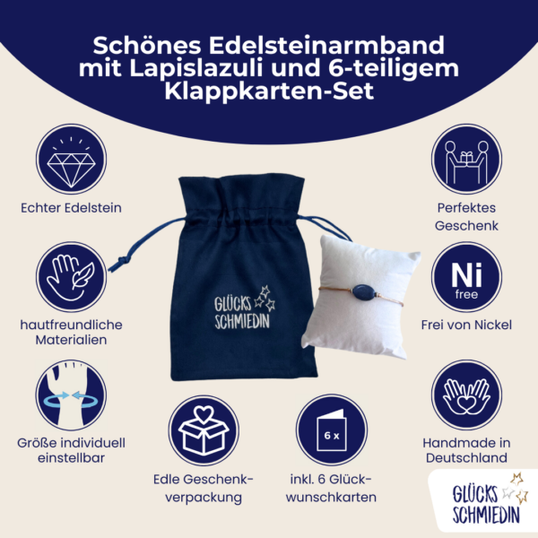 Lapislazuli Satin Armband in beige, mit 2 versilberten Perlen und silberner Schiebeperle. 6 verschiedenen Glückwunschkarten für jeden Anlass in edlem Geschenksäckchen. Handmade in Deutschland.