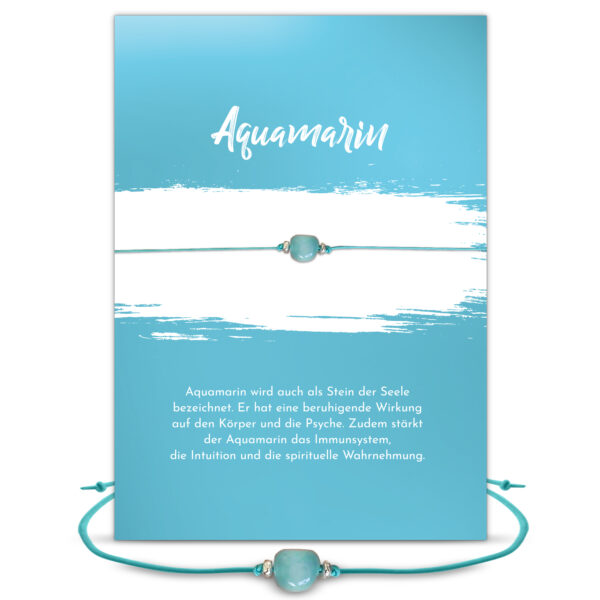 Aquamarin Grußkarte mit Bedeutung Edelstein, mit Armband Aquamarin und 2 Silberkugeln, türkis, Sternzeichen Edelstein