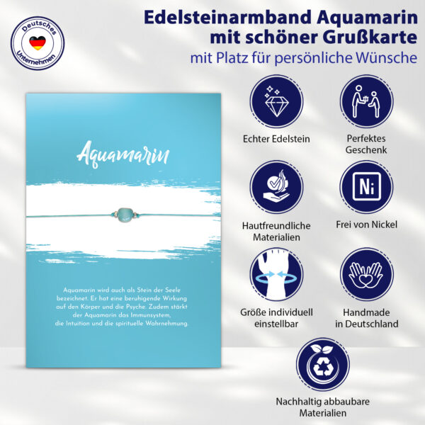 Aquamarin Grußkarte mit Bedeutung Edelstein, mit Armband Aquamarin und 2 Silberkugeln, türkis, Sternzeichen Edelstein