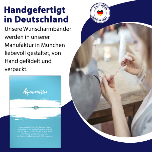 Aquamarin Grußkarte mit Bedeutung Edelstein, mit Armband Aquamarin und 2 Goldkugeln, türkis, Sternzeichen Edelstein, Basic