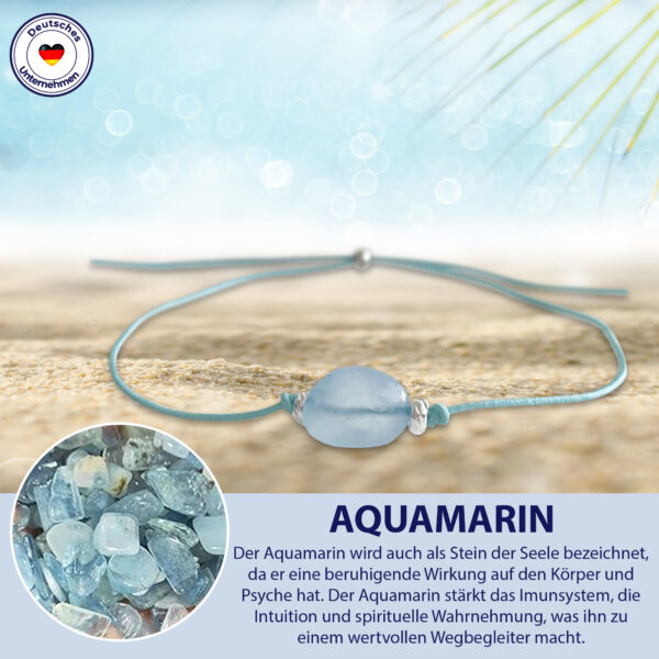 Aquamarin Armband in türkis, mit 2 versilberten Perlen und silberner Schiebeperle. Mit Glückwunschkarte mit Wünschen für Reisende. Handmade in Deutschland.