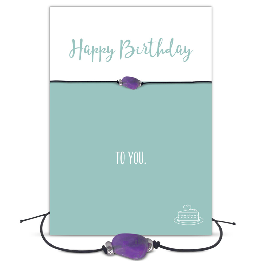 Happy Birthday Grußkarte mit Bedeutung, Edelstein Armband mit Amethyst und 2 Silberkugeln, schwarz, Sternzeichen Edelstein