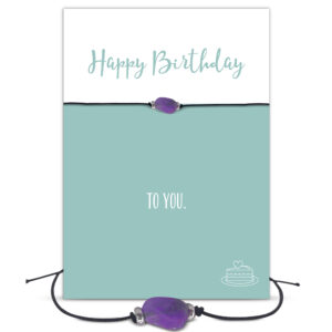 Happy Birthday Grußkarte mit Bedeutung, Edelstein Armband mit Amethyst und 2 Silberkugeln, schwarz, Sternzeichen Edelstein