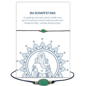 Jade Grußkarte Du schaffst das, Edelstein Armband mit Jade und 2 vergoldeten Kugeln und goldener Schiebeperle als Verschluss, elastisches Armband schwarz, Briefkuvert.