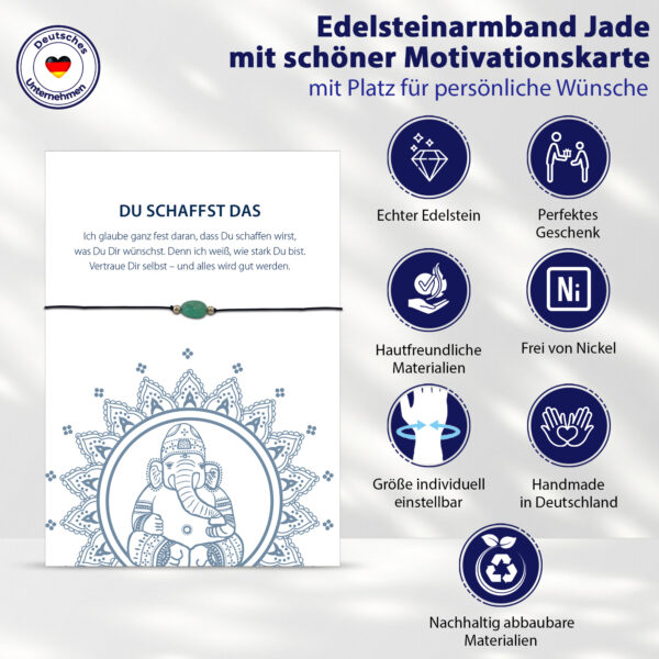 Jade Grußkarte Du schaffst das, Edelstein Armband mit Jade und 2 vergoldeten Kugeln und goldener Schiebeperle als Verschluss, elastisches Armband schwarz, Briefkuvert.