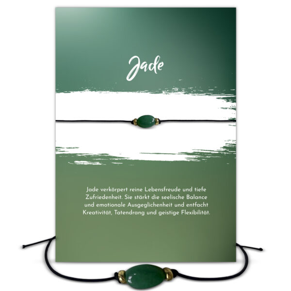 Jade Grußkarte mit Bedeutung, Edelstein Armband mit Jade und 2 vergoldeten Kugeln und goldener Schiebeperle als Verschluss, elastisches Armband schwarz, Briefkuvert, Sternzeichen Edelstein