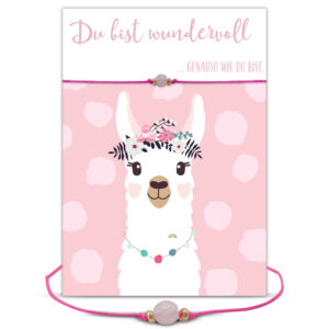 Rosenquarz Grußkarte Du bist wundervoll Lama, Edelstein Armband mit Rosenquarz und 2 vergoldeten Perlen und goldener Schiebeperle als Verschluss, Armband in neon pink, Briefkuvert.