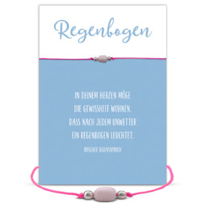 Regenbogen Grußkarte mit irischem Segensspruch, Edelstein Armband mit Opal und 2 versilberten Perlen vorne und silberner Schiebeperle als Verschluss, Armband in neon pink, Briefkuvert.