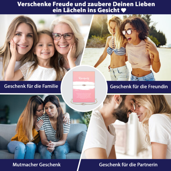 Rosenquarz Grußkarte mit Bedeutung, Edelstein Armband mit Rosenquarz und 2 vergoldeten Perlen vorne und Schiebeperle als Verschluss, elastisches Armband in beige, Briefkuvert.