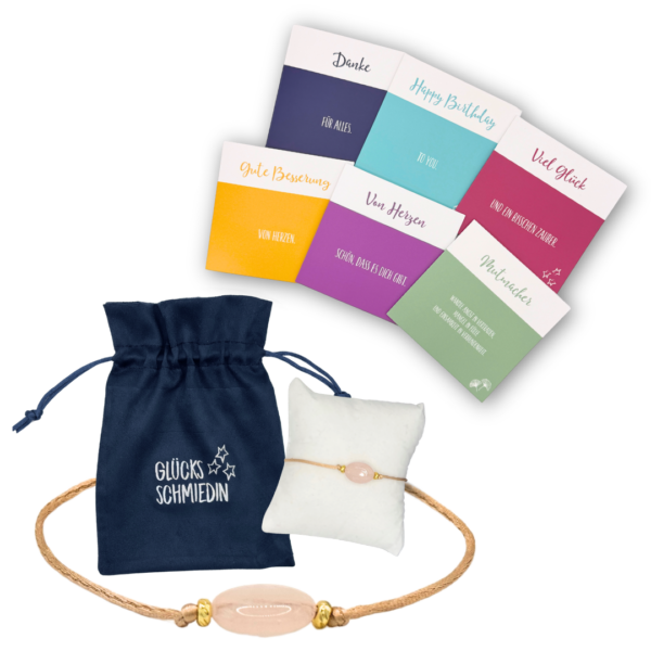 Rosenquarz Armband beige mit Goldperlen mit Kartenset und Schmucksäckchen