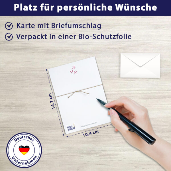 Viel Glück Grußkarte, Edelstein Armband mit Rosenquarz und 2 vergoldeten Perlen vorne und Schiebeperle als Verschluss, elastisches Armband in beige, Briefkuvert.