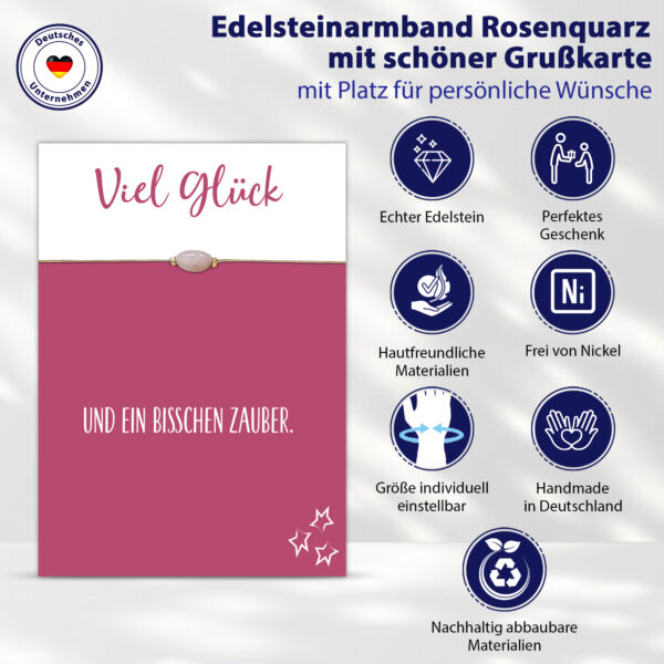 Viel Glück Grußkarte, Edelstein Armband mit Rosenquarz und 2 vergoldeten Perlen vorne und Schiebeperle als Verschluss, elastisches Armband in beige, Briefkuvert.