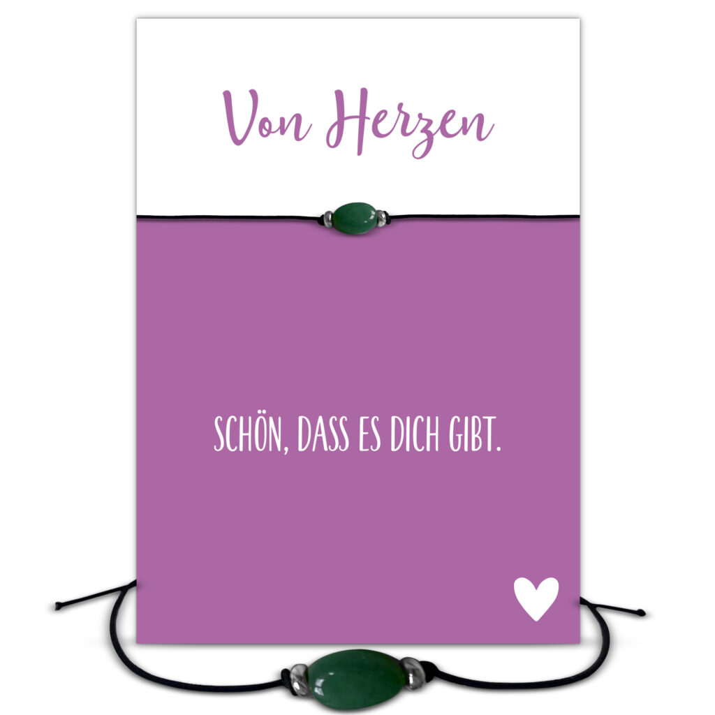 Von Herzen Grußkarte, Edelstein Armband mit Jade und 2 versilberten Perlen vorne und Schiebeperle als Verschluss, elastisches Armband in schwarz, Briefkuvert.