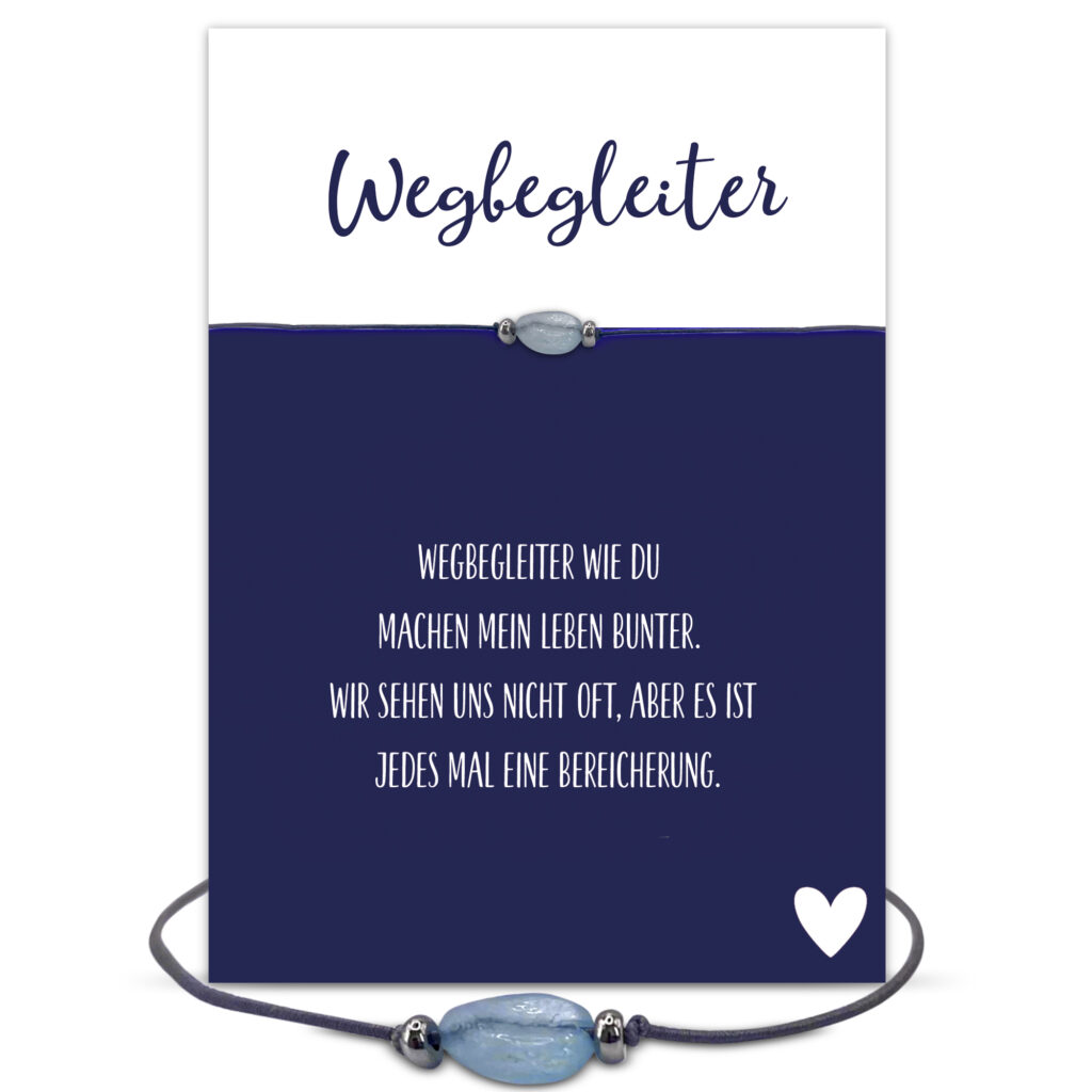 Wegbegleiter Grußkarte, Edelstein Armband mit Aquamarin und 2 versilberten Perlen vorne und Schiebeperle als Verschluss, elastisches Armband in grau, Briefkuvert.ls Verschluss, elastisches Armband in schwarz, Briefkuvert.