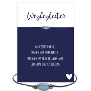 Wegbegleiter Grußkarte, Edelstein Armband mit Aquamarin und 2 versilberten Perlen vorne und Schiebeperle als Verschluss, elastisches Armband in grau, Briefkuvert.ls Verschluss, elastisches Armband in schwarz, Briefkuvert.