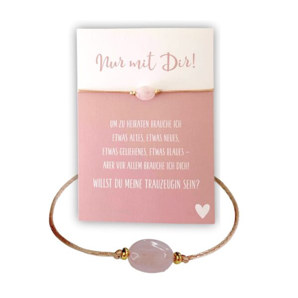 Rosenquarz Armband mit Karte "Willst Du meine Trauzeugin sein?"