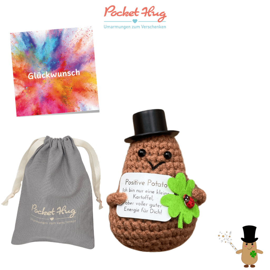 Pocked Hug, Glückskartoffel mit Kleeblatt und Marienkäfer, Geschenk zur Prüfung oder Neuem Jahr