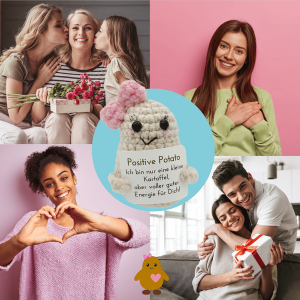 Gehäkeltes Kartoffel-Mädchen mit Botschaft – Geschenk mit guter Energie inkl. Leinensäckchen und fünf Grußkarten, pocked hug – Bild 10