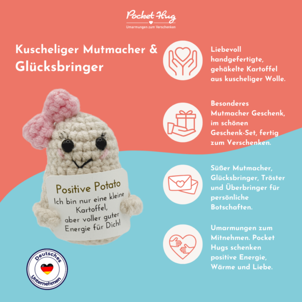 Gehäkeltes Kartoffel-Mädchen mit Botschaft – Geschenk mit guter Energie inkl. Leinensäckchen und fünf Grußkarten, pocked hug – Bild 3
