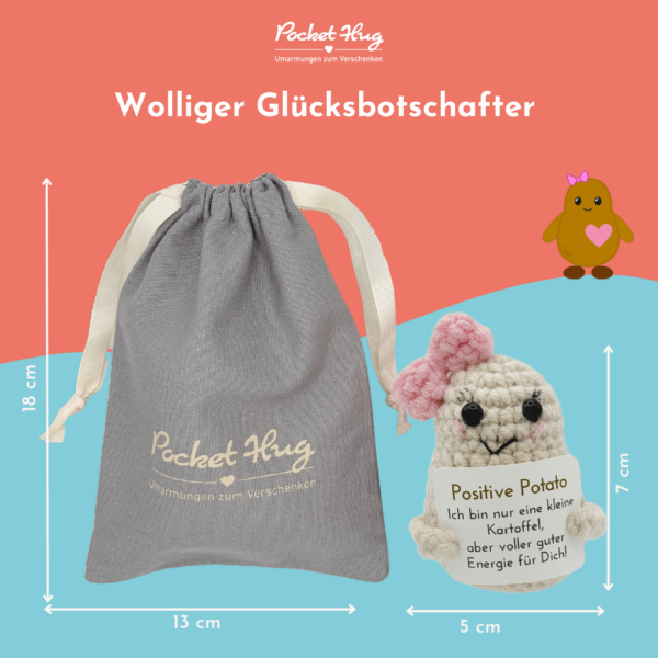 Gehäkeltes Kartoffel-Mädchen mit Botschaft – Geschenk mit guter Energie inkl. Leinensäckchen und fünf Grußkarten, pocked hug – Bild 7