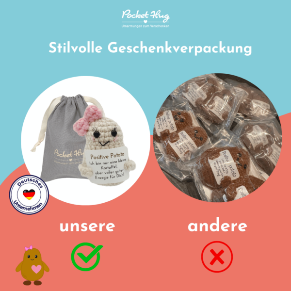 Gehäkeltes Kartoffel-Mädchen mit Botschaft – Geschenk mit guter Energie inkl. Leinensäckchen und fünf Grußkarten, pocked hug – Bild 8