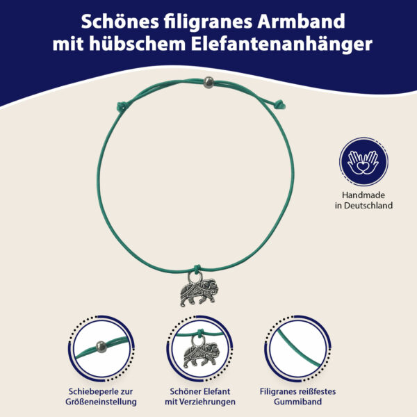 Motivations Geschenk - "Du schaffst das" Glücksarmband mit Elefant und elastischem Armband und Grußkarte, deluxe türkis – Bild 2