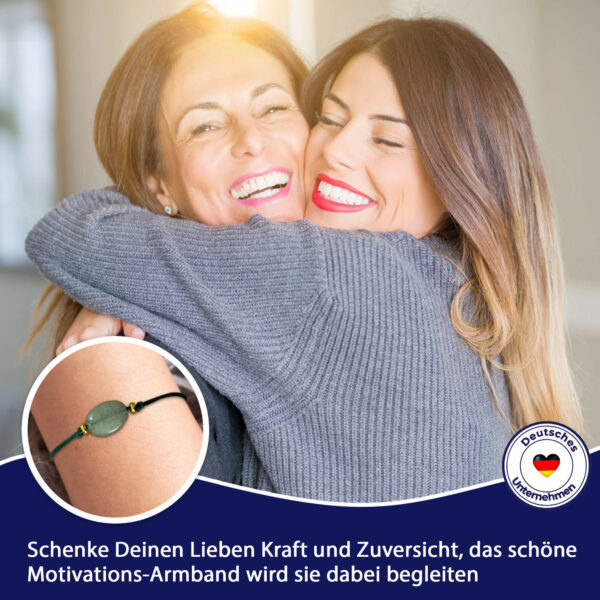 Mutmacher Geschenk - Glücksarmband mit schönem Jade Edelstein, edlen Satin-Armband in grün, goldener Schiebepele und Grußkarte – Bild 3