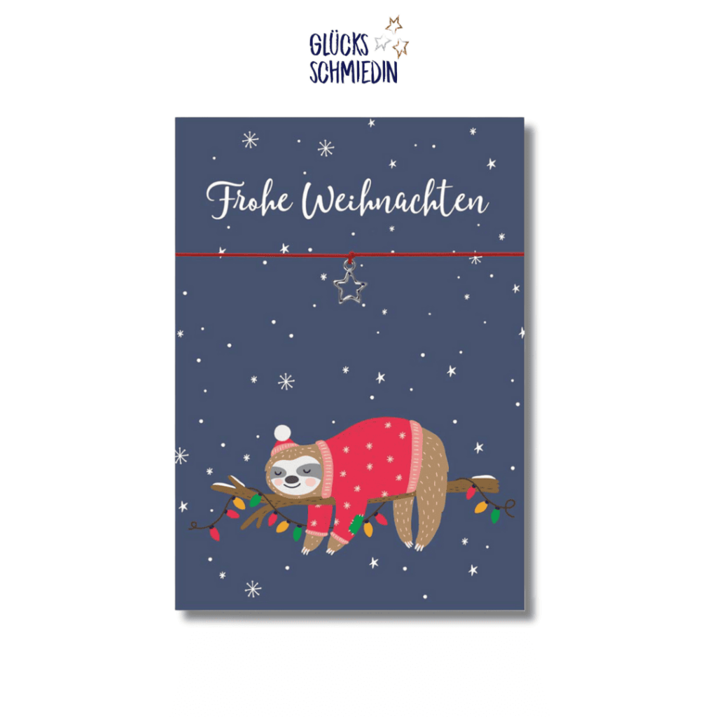 Karte Weihnachten, elastisches Armband in Rot mit Sternanhänger, silber, Faultier, Geschenk zu Weihnachten