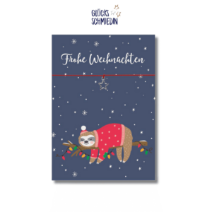 Karte Weihnachten, elastisches Armband in Rot mit Sternanhänger, silber, Faultier, Geschenk zu Weihnachten