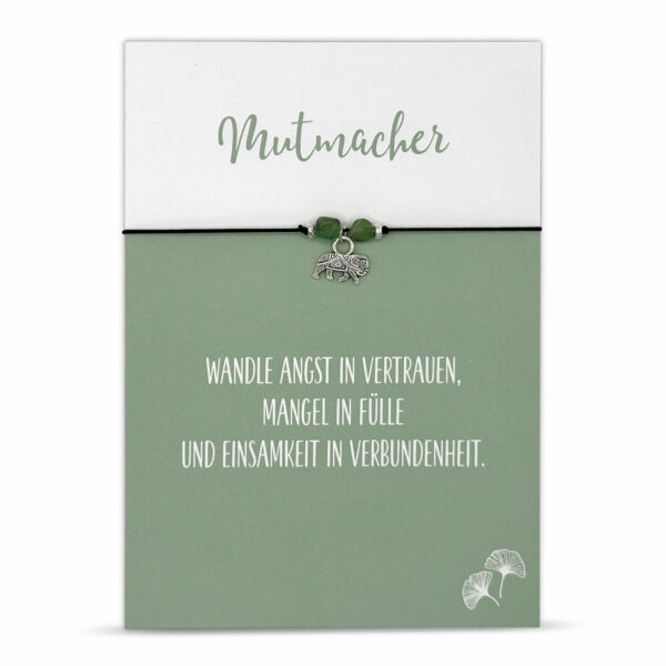 Mutmacher Geschenk - Glücksarmband mit Elefant, zwei Jade Edelsteinen, elastischem Armband und Grußkarte